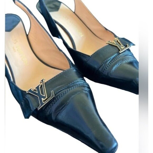 Louis Vuitton Black Leather Slingback Pumps Gold LV Logo Detail Box 39EU 8.5 US - Picture 7 of 13
